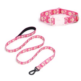 Pimaodog Girl Dog Collars with Daisy Patterns, Cute Dog Collar and Leash Set for Female Dogs, Adjustable Soft Durable Pet Collars for Cat Puppy XS Small Medium Large Dogs (Hot Pink, Medium)