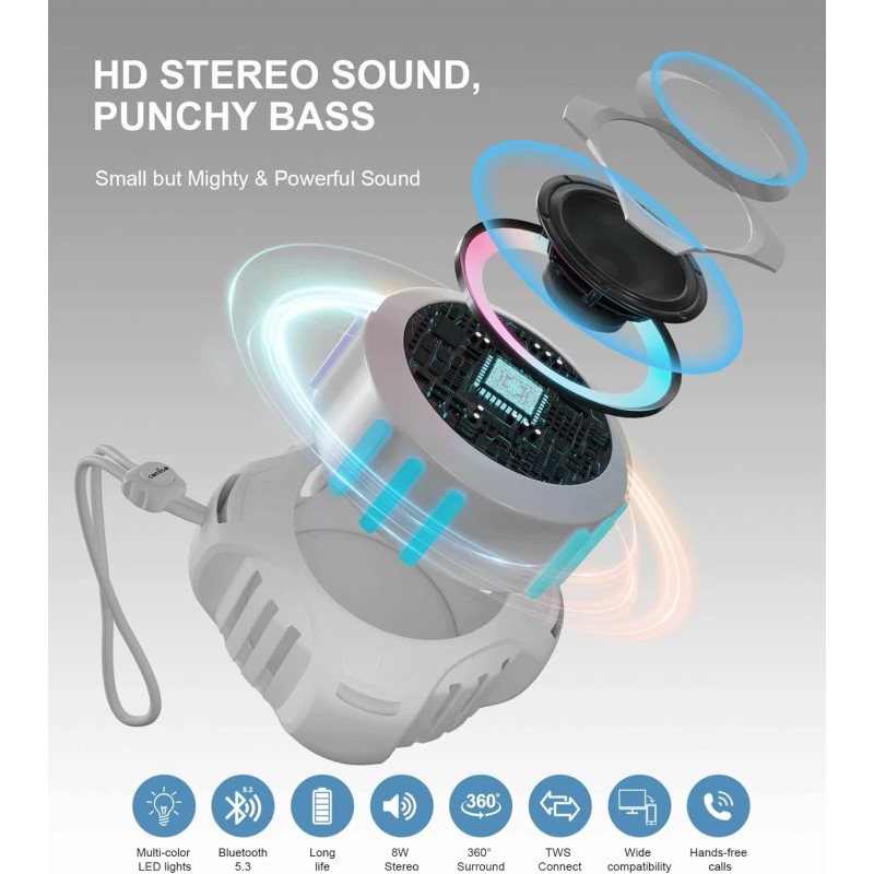 Universal IPX7 Waterproof Bluetooth Shower Speaker with RGB Lights