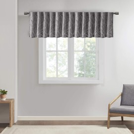 Madison Park Andora Embroidered-Rod Pocket Valance, Tree Small Faux Silk Valances for Window, 50" x 18", Grey