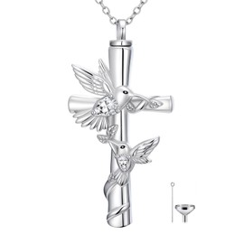 HVQP Hummingbird Cross Urn Necklaces for Ashes Women White Gold Plated S925 Sterling Silver Funnel Filler Memorial with Diamond Apri Birthstone Sympathy Gifts for Women Loss of Loved One