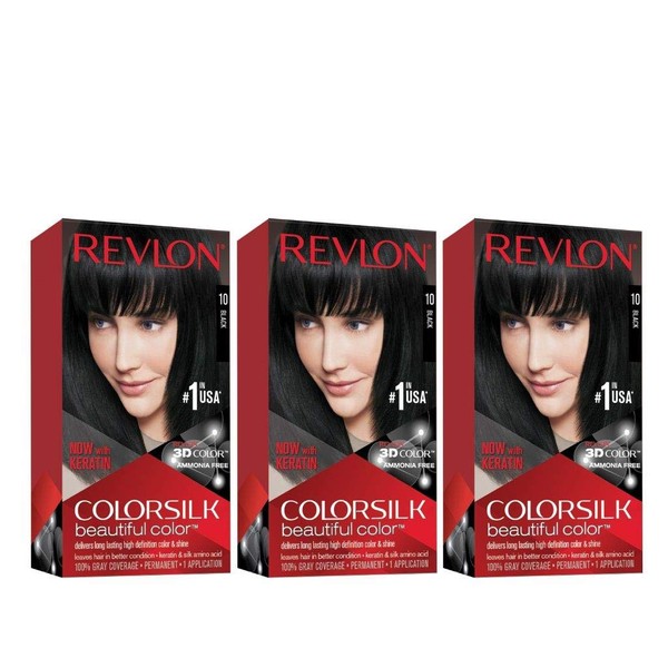 Revlon Colorsilk Beautiful Color, Permanent Hair Dye with Keratin, 100% Gray Coverage, Ammonia Free, 10 Black (Pack of 3)