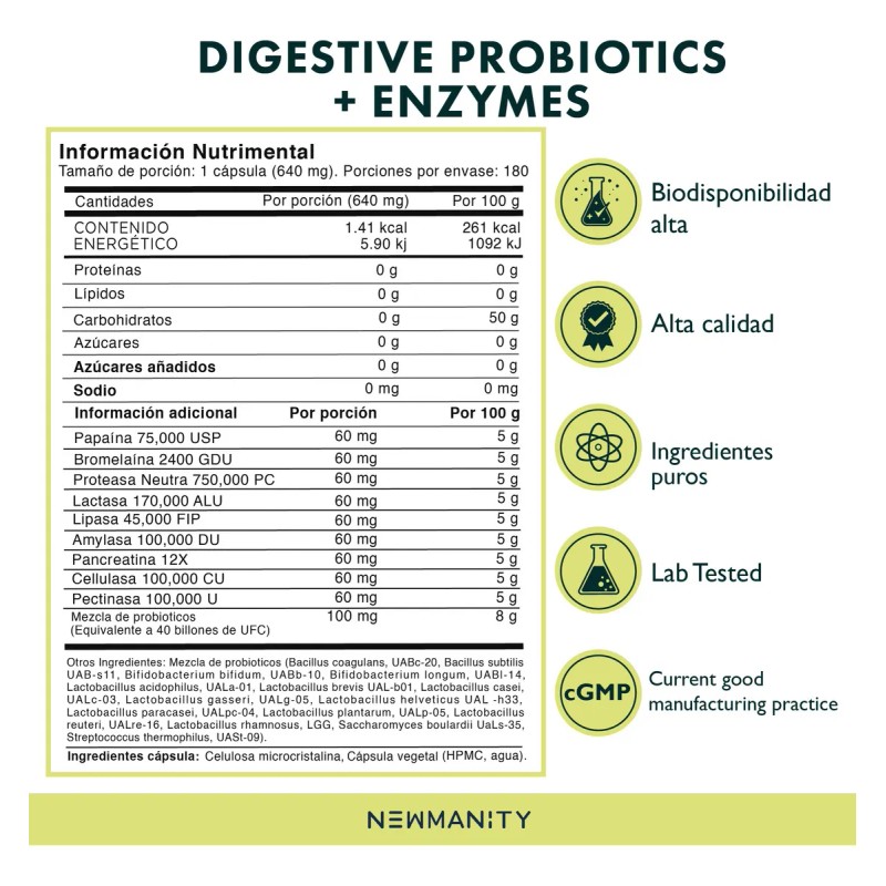 Probiticos y Prebiticos con Enzimas Digestivas 40 Billones - 180