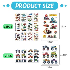 12 Truck Stickers, 2 Car Tattoo Stickers, Kids Racing Stickers, Creative Cartoon Car Stickers, Fun Stickers for Skateboard Water Cups.