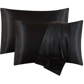 Satin Pillowcase, T Tersely 2 Pack 20"x 36" King Size Silk Satin Pillowcases for Hair and Skin Pillow Case with Envelope Closure,50x90cm (Black)
