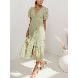 utcoco Lace Dress for Women 2025 V-Neck Lantern Sleeve Hollow Out Button Down Slim High Wasit Midi Dress (Small, Green)