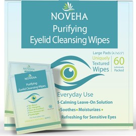 NOVEHA Toallitas para párpados y pestañas Para picazón, ojos secos, orzuelos y blefaritis, Demodex Toallitas limpiadoras de ácido hipocloroso suave y natural 0.02% puro, hipoalergénicas y calmantes para ojos sensibles, paquete de 60 unidades