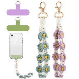 Jspupifip 2 PCS Boho Macrame Phone Wrist Strap, Cute Cell Phone Lanyard with Tether Tab Floral Smartphone Wristlet Bracelet Keychain Anti Theft Strap for Women (Purple and Green)
