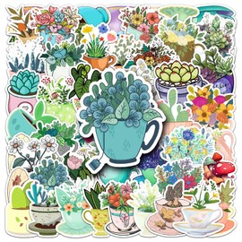 50 Pcs Tea Cup Plant Stickers Cute Waterproof Aesthetic Flower Stickers for Laptop Water Bottle Skateboard Luggage Scrapbook Bumper Car Bike Guitar Notebook,Vinyl Funny Sticker for Adult Teens