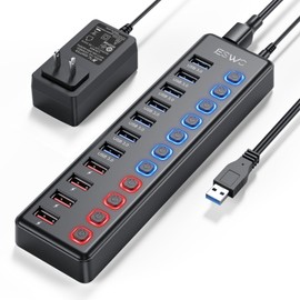 JESWO USB Hub Powered USB 3.0 Hub with 7 Ports Expansion + 4 Charging Ports, Self-Powered/Bus-Powered, USB Hub, 5Gbps High Speed Data Transmission, USB3.0 Expansion, Independent Switch, 12V 3A with AC