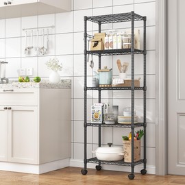 Homdox 5 Tier Wire Shelving Unit on Wheels, Adjustable Storage Racks and Shelving, Heavy Duty Rolling Metal Shelves with Side Hooks for Laundry Bathroom Kitchen Garage Pantry Organization, Black