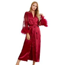 NOWDER Women Feathers Robes Long Bride Silky Lace Kimono Robe for Wedding Bridal Party Maternity Photography Gowns (Burgundy, SM)