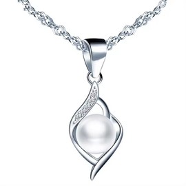 Dainty 925 Sterling Silver Pendant with Pearl, CZ Diamond Accent with Exquisite Box