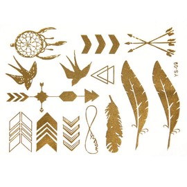 1 Sheet for Gold and Silver Metallic Temporary Tattoos, Flash Fake Waterproof Tattoo Stickers For Outdoor Body Arm Bracelets Decoration Chain Leaf Bohemia Style (Y9)