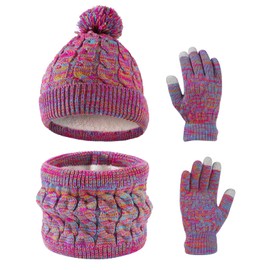 Waylipun Winter Hat Scarf Gloves Set for Girls Boys 3 in 1 Warm Winter Knitted Hat Children's Hat Set with Plush Lining for Children 3-10 Years, Rainbow Mix