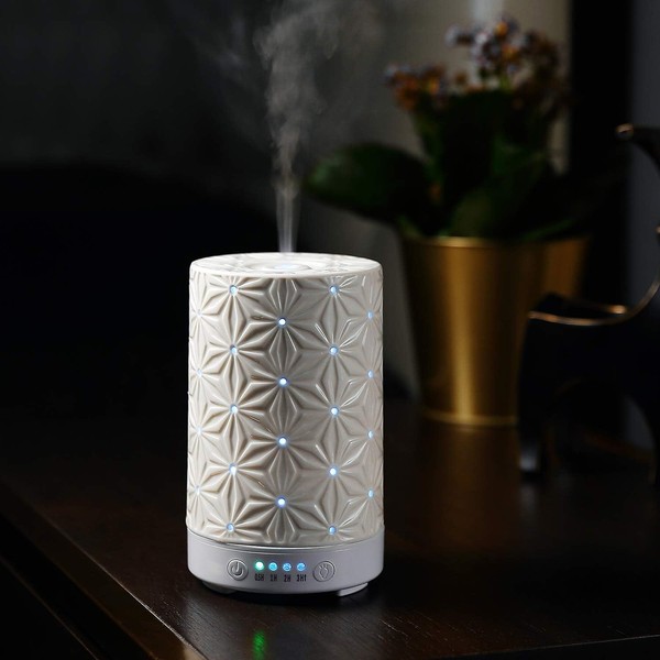 STAR MOON 100ml Ceramic Aromatherapy Essential Oils Diffuser, Ultrasonic Cool Mist Humidifier with Timer and 7-Color LED Night Light, Water-Less Auto Off Function - White Bauhinia Pattern