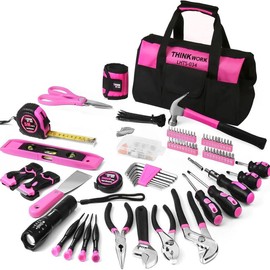 THINKWORK 207 Piece Pink Household Tool Set with 13'' Wide Mouth Open Storage Tool Bag, Christmas Gift for Women Purple Women's home repair Pink Tool Pink Portable Women's Purple - Color: PINK
