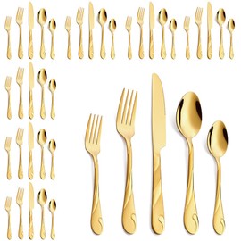 Seeshine Gold Silverware Set for 8, 40-Piece Stainless Steel Flatware Set, Shiny Gold Metal Cutlery Set, Include Spoon, Fork and Knife Set, Dishwasher Safe