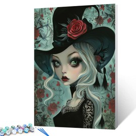 Witch Girl Wearing Black Hat Paint by Number Kits 16 x 20 inch Female Lady Canvas DIY Oil Painting for Kids Adults Red Rose Digital Art Beginner with Brushes and Acrylic Art Home Decor(Frameless)