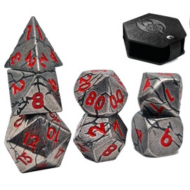 World of Dice Meteor Series Pen and Paper Dice Set Metal 7 Piece Set D4 to D20 Polyhedral Dice Ideal for D&D, DSA, Cthulhu and More (with Case, Silver-Red)