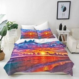 ANHOPE Sunset Beach Duvet Cover Set Soft Lightweight Microfibre Polyester 3 Piece Bedding Set with 2 Pillowcase Coastal Seaside Ocean Print Pattern All Season Quilt Cover with Zipper Closure Single