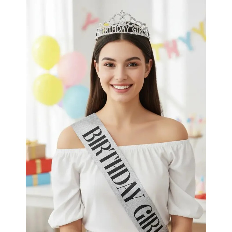 Feliz Cumpleaños Corona Y Faja Para Mujer Diademas Fiesta Plata