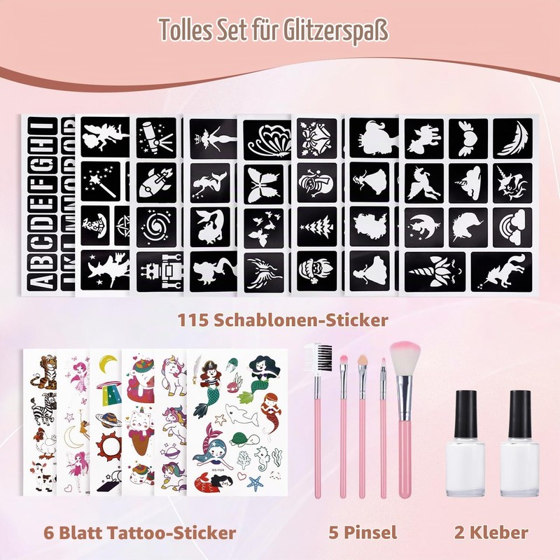 Glitter Tattoos Children's Set, 18 Colours Glitter Tattoo Girls for