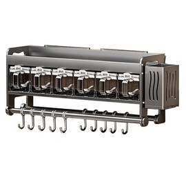 Hanging Wall Mount knife Wall Mount,Condiment Cup, Space-Saving Knife Rack with Hooks, Kitchen Organizer Storage Shelf for Utensils Spatula Spoon, Kitchen Utensil Hanger (Grey, 48cm+6Cups+10Hooks)