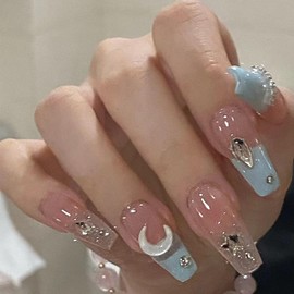 XUZOO 24 Nail Tips, 3D Shape, 3D Nails, Short, Long, Cute, Stylish, Popular, Nail Tip, Nail Seal, False Nail Tool, Double Sided Tape Included (Stars and Moon)