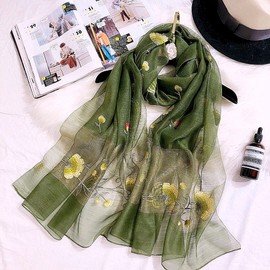 Alysee Women Warm Exquisite Silk&Wool Mixed Embroidered Scarf Headwrap Shawl Olive Green