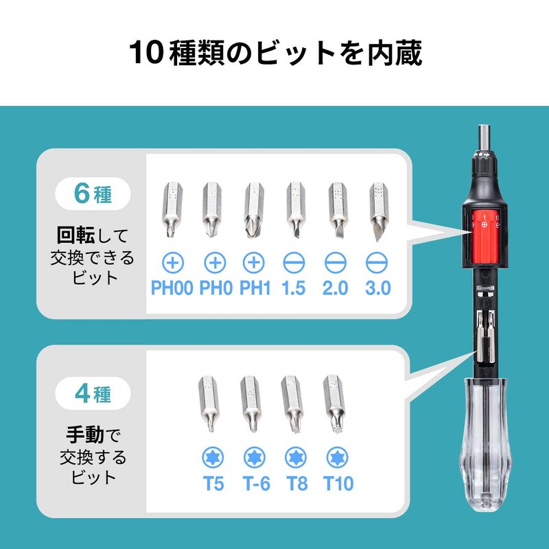 Sanwa Direct 800-TK042 Screwdriver Set, 11-in-1 Rotary Bit Replacement, Built-in