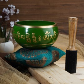 Ajuny Tibetan Singing Bowl Set - Handcrafted Meditation Brass Sound Bowl with Stick and Cushion for Yoga, Chakra Healing, Mindfulness and Stress Relief Spiritual Gifts - Gold Green