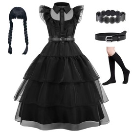 bluaqua Wednesday Costume Wednesday Dress Girls Wendsday Costume Kids with Wig, Bag, Socks for Girls from 4-13 Years (Black+Wig, 150)