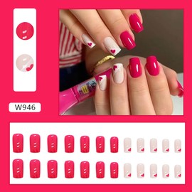 Valentines Day Press on Nails Short Square Fake Nails Glossy Full Cover False Nails with Heart Designs French Tip Glue on Nails Valentine Acrylic Artificial Nails for Women and Girls 24Pcs
