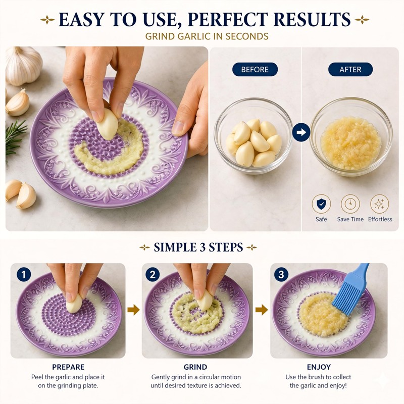 Ceramic Garlic Grater Plate Set with Rack & Cleaning Brush(Purple)