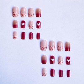 Valentine's Day Cute Press on Nails Short Square Fake Nails Red Gradient Acrylic Nails Full Cover False Nails with Love Pearl Designs Gloss Glue on Nails Stick on Nails for Women Girls 24Pcs