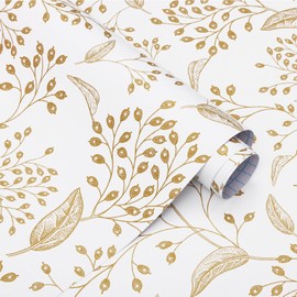 Heroad Brand Peel and Stick Wallpaper Gold and White Wallpaper Boho Peel and Stick Wallpaper Floral Contact Paper Leaf Removable Wallpaper Self Adhesive for Cabinets Shelf Liner Vinyl Roll 118"x17.3"
