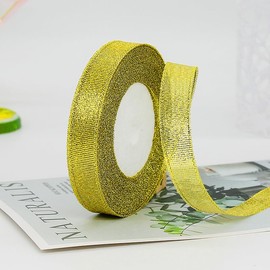 1 Inch Gold Christmas Ribbons Metallic Glitter Fabric, 25 Yards Craft Fabric Ribbon for Gift Wrapping Floral Bouquets Wedding Party Decoration