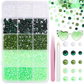 12000 Pcs Green White Flatback Pearls and Rhinestones for Crafting, 3-5 mm Jelly Resin Rhinestones, Mixed Size Half Pearl Bedazzling Gems for Nail DIY Crafts Mugs Bottles Tumblers Clothes Makeup