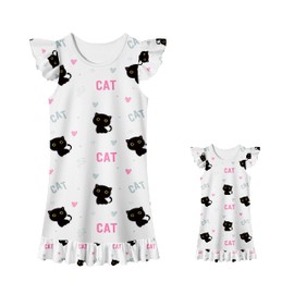 LQSZ Matching Doll and Girl Nightgown Flutter Short Sleeves Nightie Cat Pajamas for Girls & 18" Dolls Clothes 4 5t