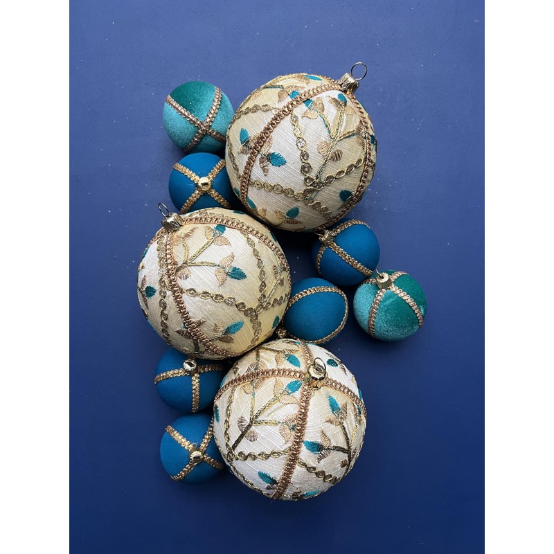 Lalit 10cm Beige Bauble with Gold Embroidery & Teal Accents