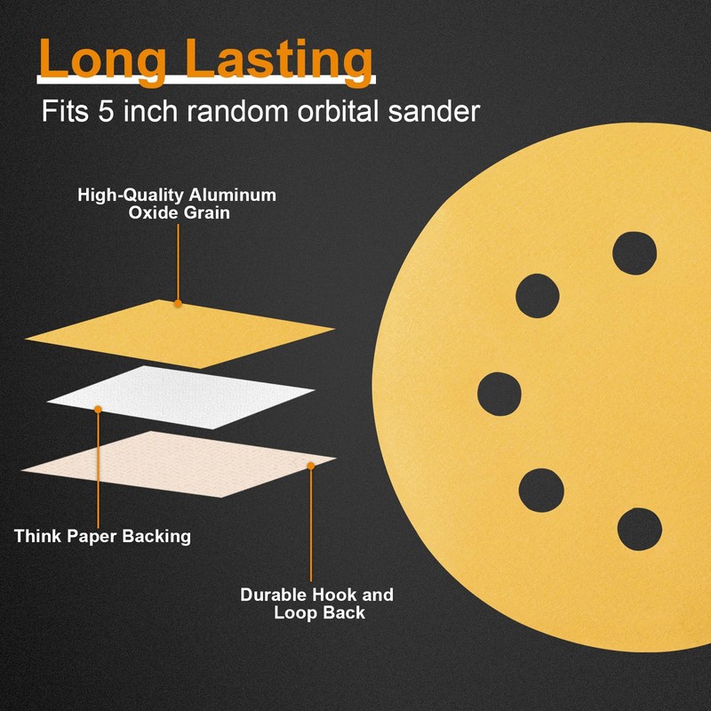 Huopueit 100PCS 5 Inch Sanding Discs, 8 Hole Hook and