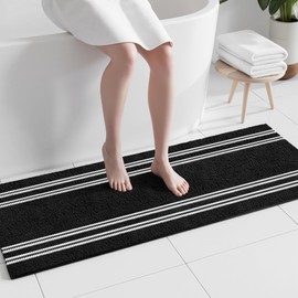 Bathroom Runner Rugs Non Slip Washable 24x60, Ultra Soft Super Absorbent Bath Rugs for Bathroom Floor, Shaggy Chenille Bath Rug, Microfiber Plush Quick Dry Bath Mat for Bathtub, Hallway, Black