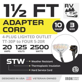 Iron Forge Cable RV Cord, Generator and RV Electrical Adapter Power Cord, TT-30P Male Plug to 4 5-20R Female, 1.5 Ft Plug Adapter - 10/3 STW Yellow