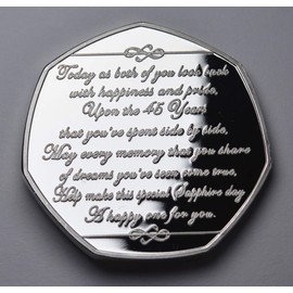 The Commemorative Coin Company 45th SAPPHIRE WEDDING ANNIVERSARY Silver Commemorative with Gemstone. Gift/Present. 45 Years Together. Husband/Wife/Parents