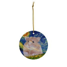 Whimsical Night Sky Orange Hamster Christmas Ornament Circle Ceramic - Impressionist Pet Portrait Memorial Keepsake Gifts for Hamster Lovers