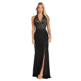 MORGAN AND CO. Juniors' Stretch Halter Corset Gown - Formal Maxi Dress W/High Slit Black/Nude