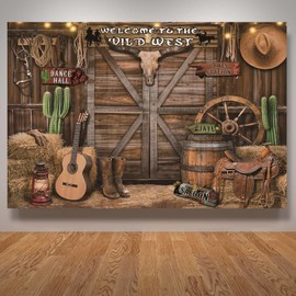 Western Party Theme Backdrop - 5.9 * 3.6 Ft Western Theme Cowboy Party Decorations, Wild West Theme Decorations Wooden House Barn Photo Background, Photos Props for Kids Boy Birthday