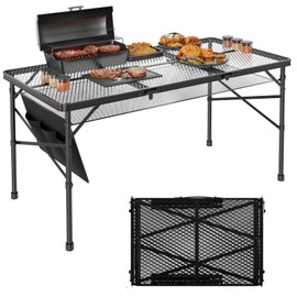 Folding Gril Table, 4x2 FT Camping Table with Mesh Desktop,Height Adjustable Folding Grill Table with Mesh Bag,Portable Outdoor Table for Picnic,Camping,BBQ,Beach(Black)