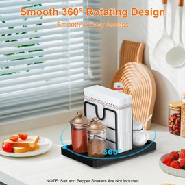 PENGARO Napkin Holder for Table, 360° Rotating Napkin Holders Metal Dining Napkin Dispenser with Salt and Pepper Shakers Holder, Standing Paper Napkin Storage for Kitchen Dining Table, Black