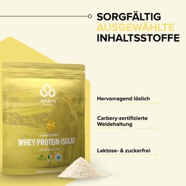 edubily nutrition® Whey Protein Isolat aus irischer Weidehaltung • Sehr gut lösliches Eiweißpulver ohne Kohlenhydrate & Zucker • Laktosefrei • 750 g (Banane)